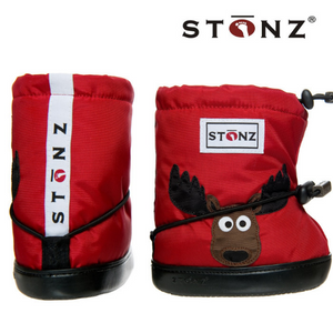 Stonz booties, vegan friendly, in red with moose appliqué and Stonz logo