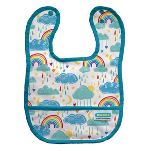 Thirsties brand snapping baby food bib with pocket, shown in Pawsitive Pals cat and dog print