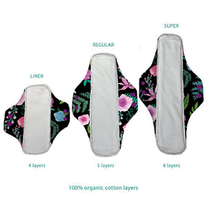 thirsties sample pack menstrual pads in desert bloom, include one each of three sizes.