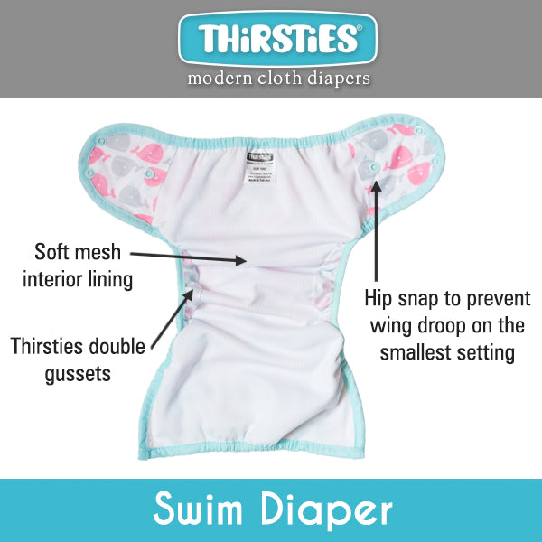 Thirsties Swim Diaper on baby, poolside, with mom, made in the usa