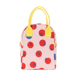 Fluf brand organic cotton sustainable lunch bag, shown in Eat the Rainbow colorful fruit print