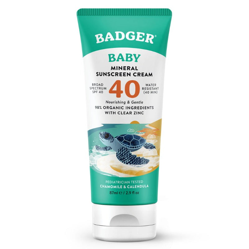 Badger Baby Mineral Sunscreen Cream tube with turtle illustration on a white background, made in the USA