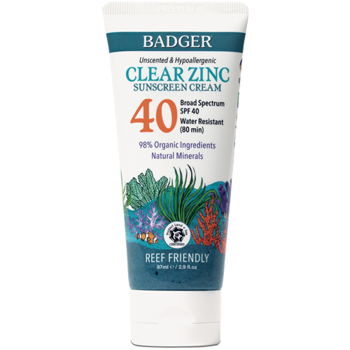 badger clear zinc spf40 sunscreen is reef friendly, water resistant for 80 minutes, and hypoallergenic
