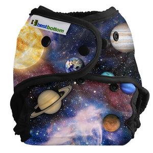 Best Bottom One Size Diaper Cover, Far Far Away print, planets on midnight background with black trim, fits newborn to 35 pounds and made in USA logo
