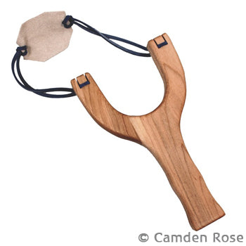Handmade wooden slingshot with five felt balls, made in the usa by Camden Rose