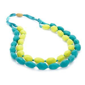 turquoise and chartreuse chewbeads astor necklace with safety clasp.  one strand measure 30" and the other 28"