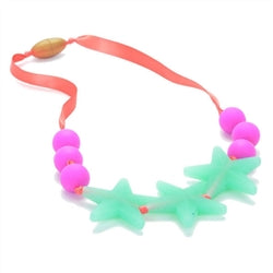 Chewbeads Broadway Juniorbeads Necklace, shown in spearmint color scheme, with glow in the dark stars, silicone teething necklace for big kids