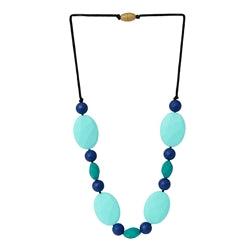 chewbeads tribeca necklace in turquoise features three different sizes and colored bead, 100%silicone teething jewelry