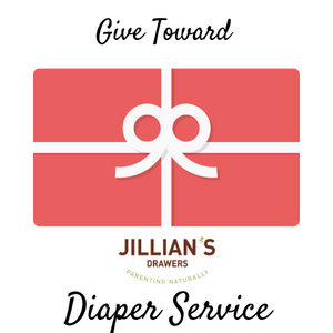 rose colored gift box with white ribbon with the Jillians Drawers logo and the words, Give Toward Diaper Service
