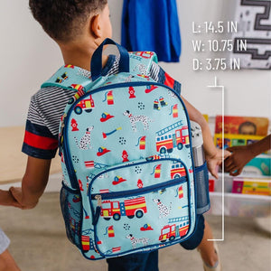 wildkin day2day backpack in firefighters print with firehouse images on a light blue background