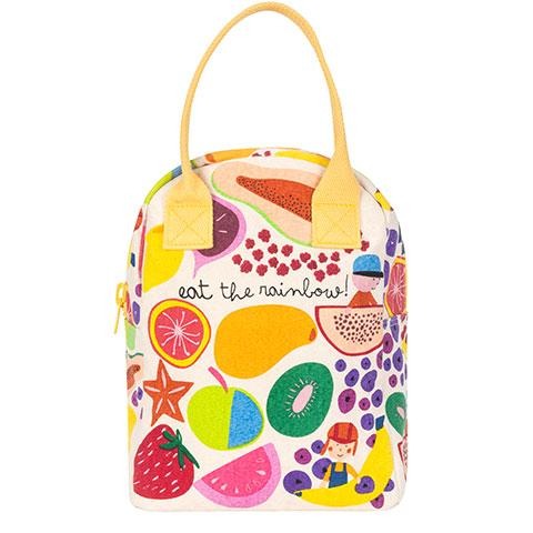 Fluf brand organic cotton sustainable lunch bag, shown in cat print with yellow handle, on blue and orange