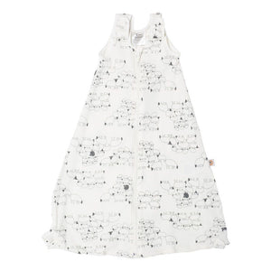toddler wearing the Ergo Baby On The Move Toddler Sleeping Bag / Sleep Sack in silver moons print, white background with silver moons