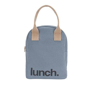Fluf brand organic cotton sustainable lunch bag, shown in Eat the Rainbow colorful fruit print
