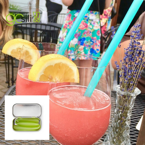 single extra-wide silicone straw in a compact tin is perfect for on the go use with frozen drinks