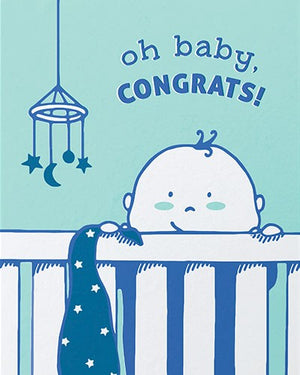 baby bicycle good paper greeting card features a couple riding a navy and red tandem bike with a baby seat holding a baby and the words "congrats on the adventure ahead"