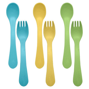 aqua, yellow, and green fork and spoon sprout ware sets from green sprouts