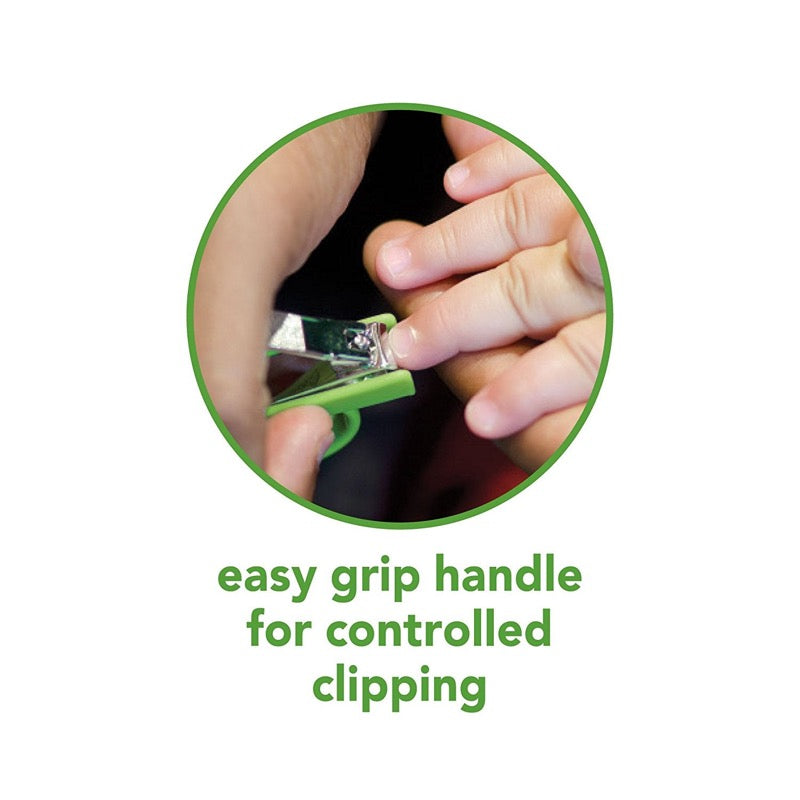 Infant nail clippers that stabilize on the finger, by Green Sprouts, in light cream color