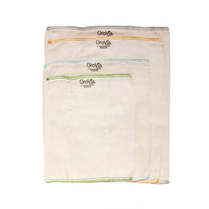Grovia bamboo prefolds are available in 4 sizes and require a diaper cover