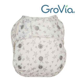 GroVia Hybrid Diaper Shell with snaps, shown in Slate Stars print, white background with grey stars, hybrid cloth diaper