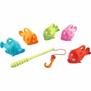 Haba Squirter Fish Angler set comes with 5 colorful fish and a green and orange fishing pole