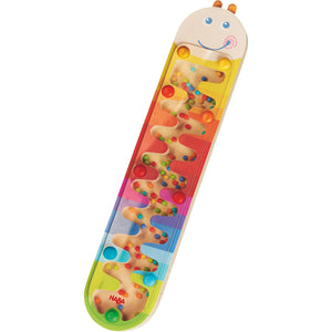 Rainmaker toy by HABA, in wormy design, colorful rainbow sound maker