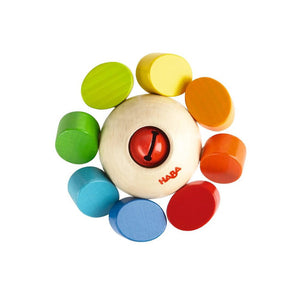 HABA Whirlygig wooden rattle and teether, rainbow colors with bell
