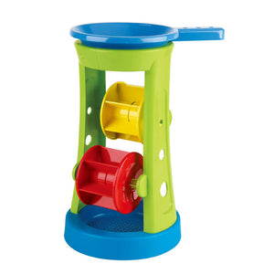 Hape Double Sand and Water Wheel is red, green, yellow, and blue and two pieces.