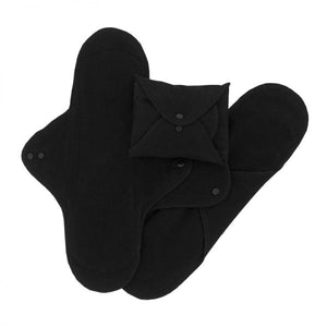 Cloth Menstrual Pad Starter Kit by Imse Vimse, 100% organic cotton pads, comes with 1 bag of 100% organic cotton 3 night pads, 6 regular pads, 3 pantyliners, 1wash bag, and 1 brochure, shown in black
