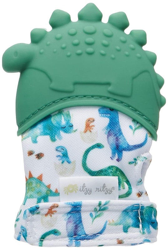 itzy ritzy teething mitt with rust orange colored highland cow silicone top and western print polyester mitt