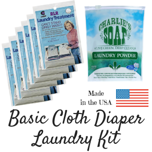 Cloth diaper laundry kit includes: Package includes 6 packets of RLR Laundry Treatment and one 2.64 lb. bag of powder Charlie's Soap and is made in the USA