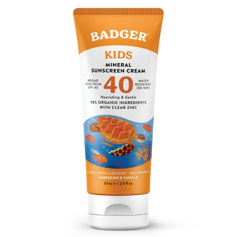 Badger brand kids sunscreen lotion, 40 SPF, tube, made in the USA