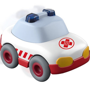 HABA Kullerbü Dump Truck with ball is orange, yellow, and blue