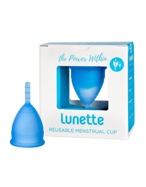 blue colored lunette menstrual cup 