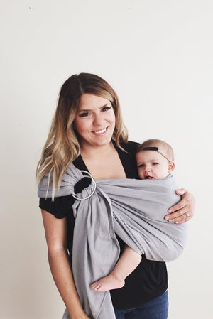 Maya Wrap ComfortFit Ring Sling in Asher features light grey, dark grey and black  lengths of color