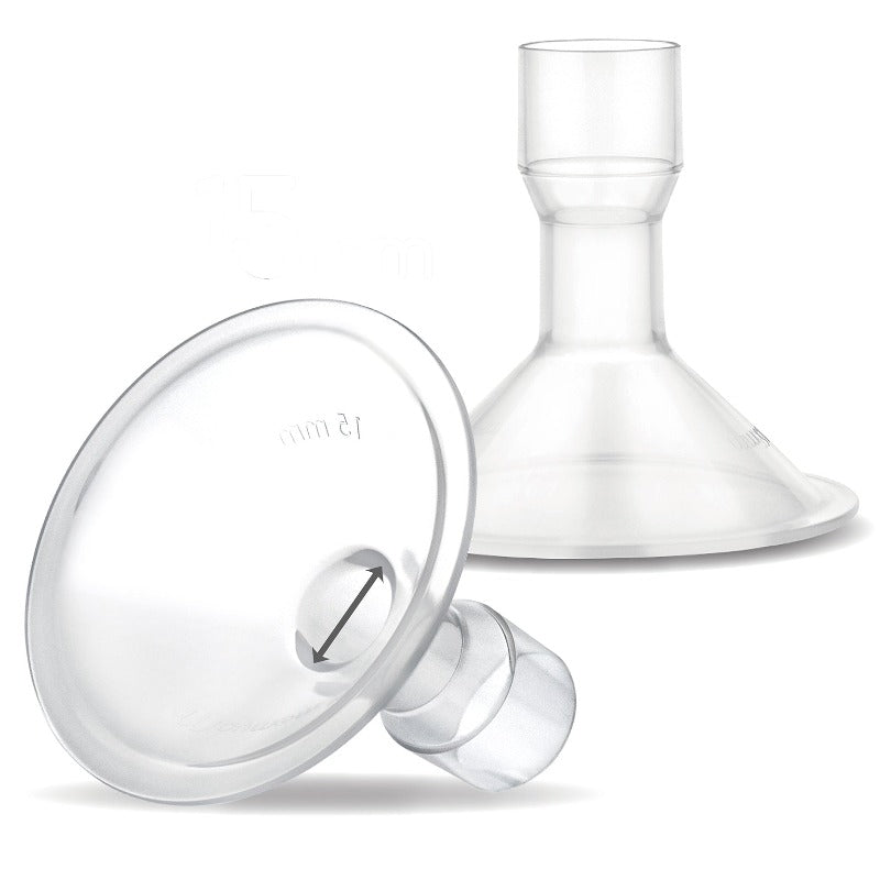 Maymom MyFit breastpump flanges, compatible with Medela pumps and connectors, shown in 13 millimeter size