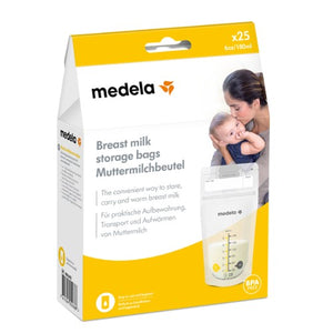 Medela brand breastmilk storage bags, shown in 25 pack packaging