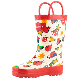 oaki wear loop handle boots in mushroom forest print , whimsical forest items on a white background