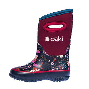 oaki neoprene boots in midnight floral print, colorful flowers on a navy background lower boot with a maroon neoprene upper