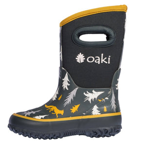 oaki neoprene boots in midnight floral print, colorful flowers on a navy background lower boot with a maroon neoprene upper