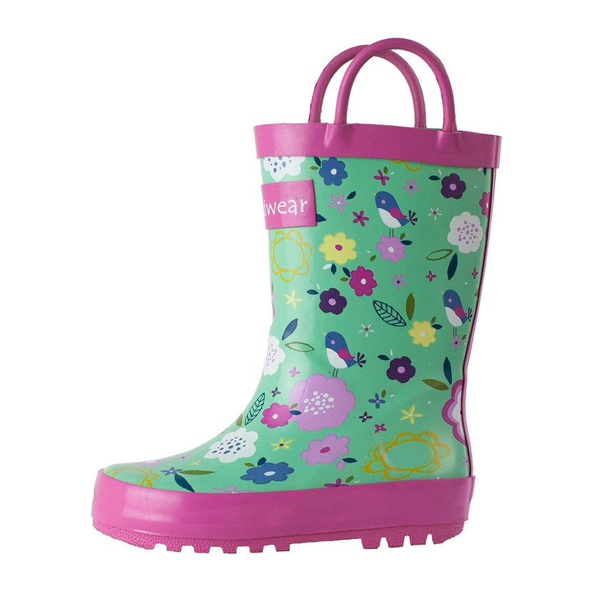 Oaki rain boots for kids with loop handles, shown in rainbow stripe print