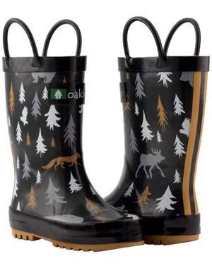 oaki wear loop handle rain boots in Green Floral print, with pink accents
