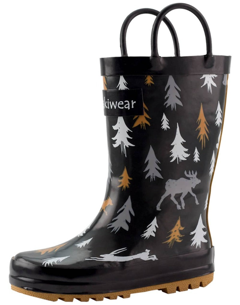 oaki wear loop handle boots in mushroom forest print , whimsical forest items on a white background