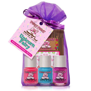 cutie fruity set includes 4- .25 ounces of piggy paint polish in berry go round, shimmy shimmy pop, tutu cool, and dragon tears with nail art set