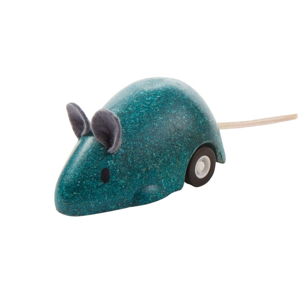 plan toys moving mouse is available in 3 colors, blue, yellow, and pink