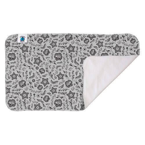 planet wise changing pad, Lace print, shades of grey stars and designs on grey background measures 13" x 21" with made in USA logo