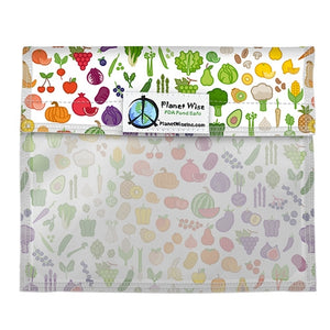 Planet Wise Reusable Snack Window Bag, Farmers Market print, multi-colored fruits and vegetables measures 5.5" x 7" and is made in the USA