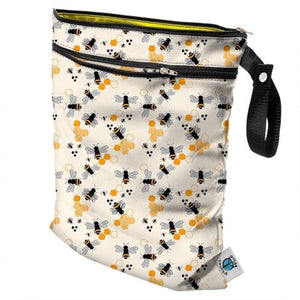 Planet Wise Wet/Dry Bag, Fancy Pants print, red, orange, yellow, and aqua mini flowers and made in the USA logo, measures 12.5" x 15.5" with 2 zippers