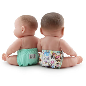 front image of Rumparooz doll diapers set of two, sweet solid color and tokibambino print 