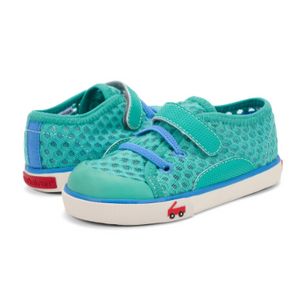 See Kai Run sneakers for children, soft and flexible, shown in Tanner Turquoise Multi color sneaker with blue, teal, and lime green