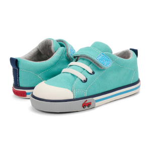 See Kai Run sneakers for children, soft and flexible, shown in Tanner Turquoise Multi color sneaker with blue, teal, and lime green